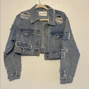 Women's Distressed Cropped Denim Jacket - Light Blue